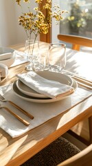 Fototapeta premium Artisan linen napkins and handcrafted plates cozy dining space still life photography warm light environment three-quarter angle view