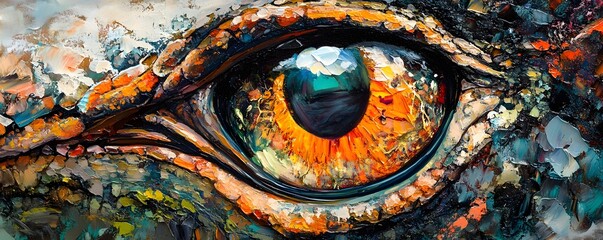 Impasto painting depicting a saurian eye reflecting a cloudy sky