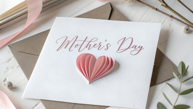 Mother’s Day greeting card. Calligraphy text and paper cut pink flowers on a soft background. Feminine and elegant.