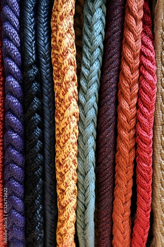 Aufkleber Colorful braided and twisted ropes hanging vertically showing different textures and patterns