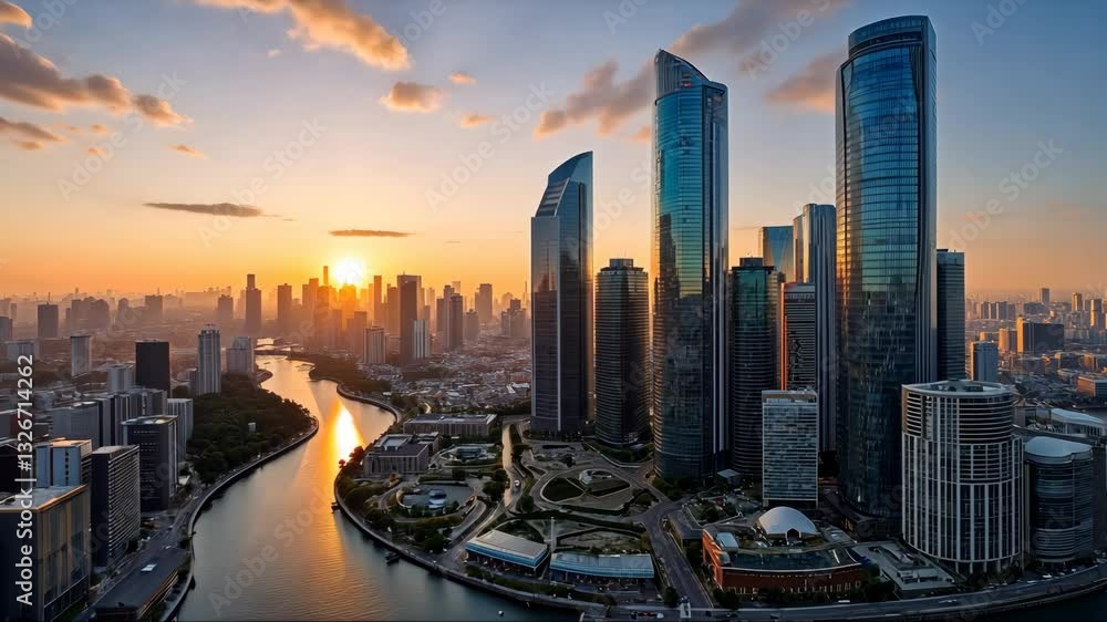Poster city skyline with a river running through it and the sun setting in the background. the city is bust