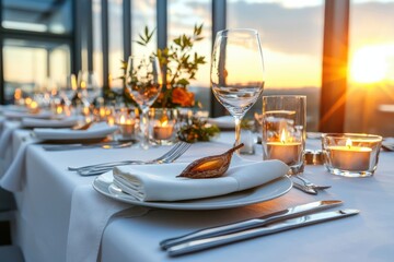 Fototapeta premium Elegant formal dining setup with candlelight glow rooftop restaurant table setting urban skyline frontal view sophisticated atmosphere