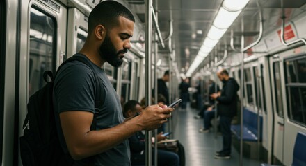a man, standing inside a modern subway train. Focusing intently on his smartphone with the other