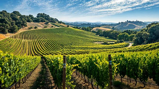 Scenic vineyard panorama at golden hour with rolling hills and blue sky