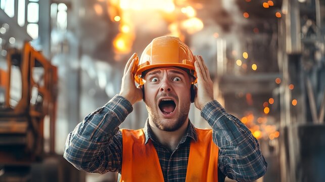Shocked industrial worker reacting to accident in factory