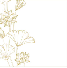 Lotus gold flowers, seed pod and leaves frame. Vector illustration hand drawn and isolated on white background. Template for label and logo design