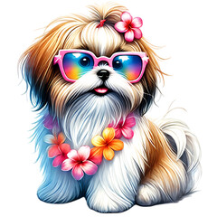 Naklejka premium Adorable Shih Tzu wearing pink sunglasses and a floral lei, radiating summer vibes. This cute illustration captures a tropical vacation mood with its stylish and playful details.