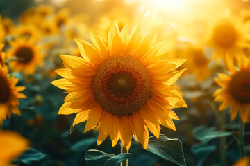 Obraz premium Single yellow sunflower is the center of a field of yellow flowers. The sunflower is surrounded by other flowers, creating a vibrant and cheerful scene. Concept of warmth and happiness