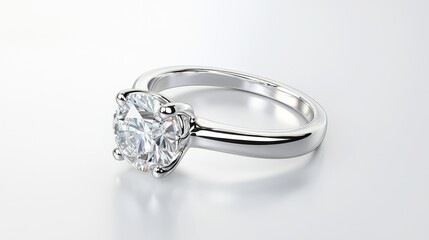 A platinum engagement ring with a round brilliant diamond, isolated on a white background