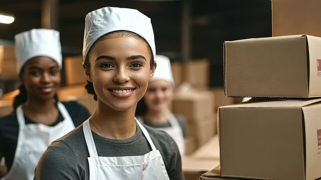Volunteers at a food bank sorting donations under warm lights