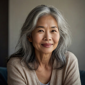 close-up portrait of a charming middle-aged Asian woman in her 50s with long silver hair
