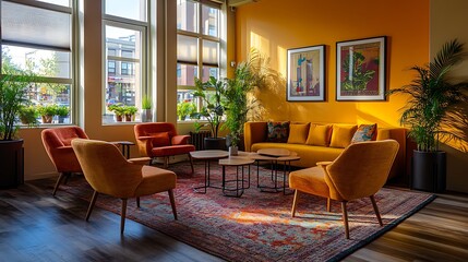 Fototapeta premium Stylish Waiting Room with Cozy Seating Area and Natural Light