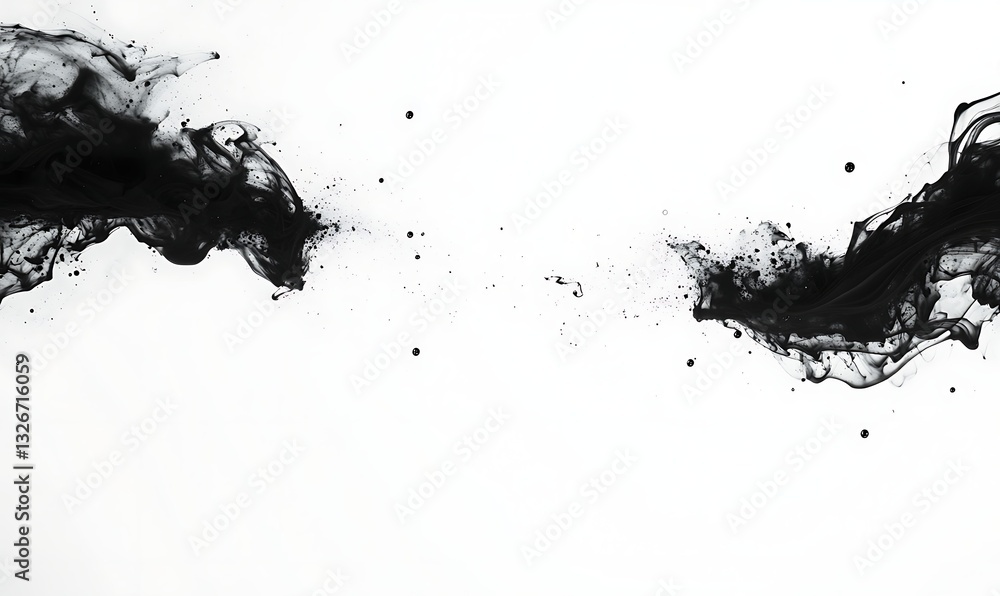 Poster Abstract black ink splashes on a white background, creating a dynamic visual effect.