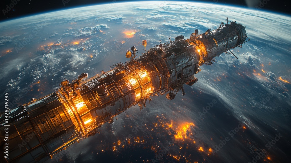 Poster a spacecraft orbits earth in a geostationary position, actively transmitting telemetry and data. the