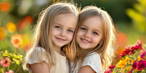 Two Joyful Children Embracing in a Vibrant Flower Garden Scene