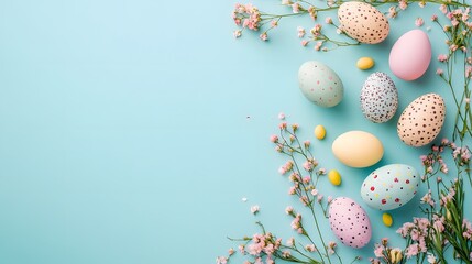 Fototapeta premium Colorful easter eggs and pink flowers creating a festive border on light blue background