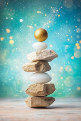 A stack of stones topped with golden spheres, representing stability, wealth, and cosmic harmony.