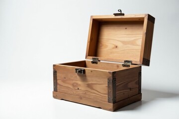 An empty light brown wooden chest with a hinged lid and bronze-colored metal corner accents, awaiting its contents, sits on a white surface