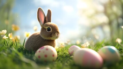 Cute easter bunny sitting in grass with colorful eggs