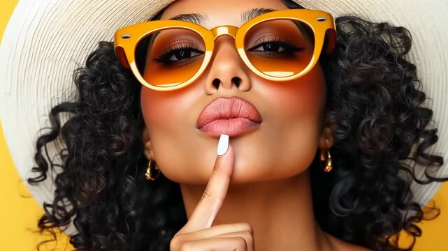 A stylish woman with curly hair and oversized sunglasses poses playfully against a bright yellow background, capturing the joyful essence of summer and the enjoyable vibes of vacation adventures