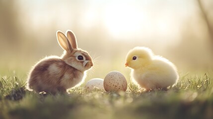Baby bunny and chick enjoying easter eggs in spring sunlight