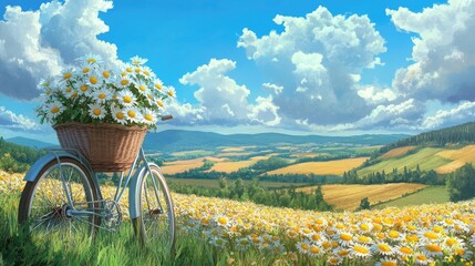 A bike with a small rear basket full of fresh flowers, parked in a sunny field