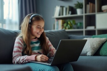 Naklejka premium Happy Girl Studying Online Using Laptop at Home Smiling Child Learning Education Technology Kid Teen