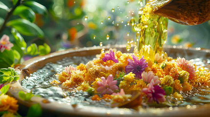 Vibrant Botanical Blend in Bowl with Flower Petals