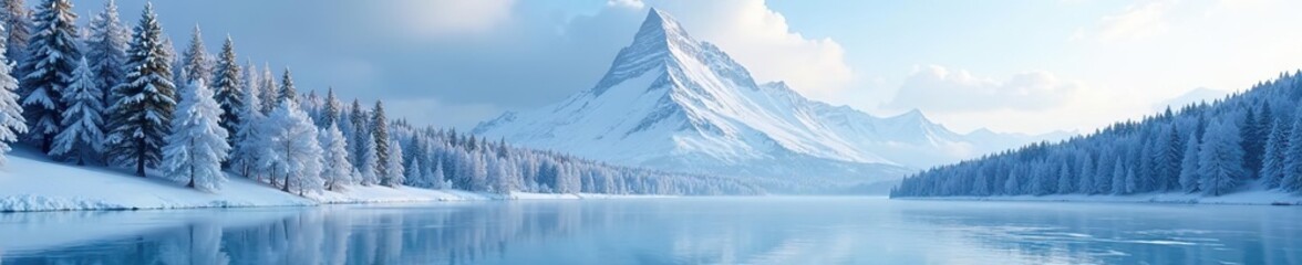 Naklejka premium Snowy peak with dense forest in the background, frozen lake, trees
