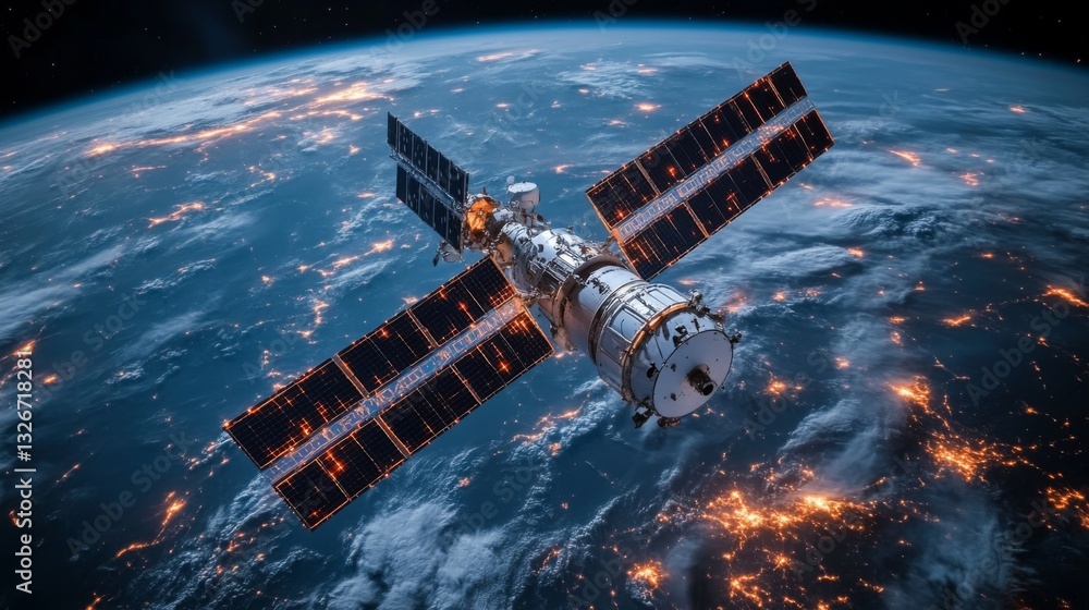 Poster a spacecraft orbits earth, equipped with solar panels and antennas, sending signals for gps and gnss