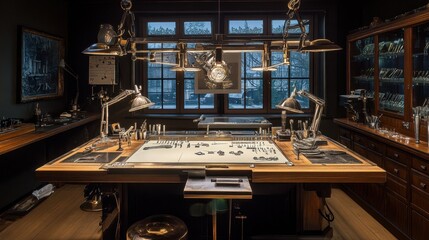 A professional diamond cutting table with a raw gemstone and fine tools