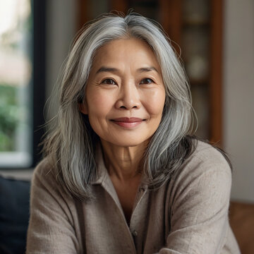 close-up portrait of a charming middle-aged Asian woman in her 50s with long silver hair