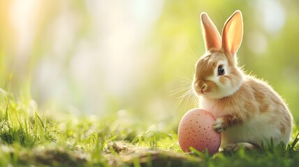 Adorable easter bunny hugging decorated egg in spring meadow