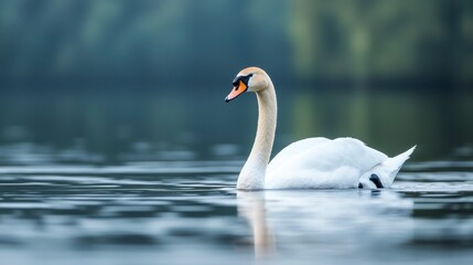 Fototapeta premium Elegant White Swan Gliding Gracefully on Calm Lake Waters