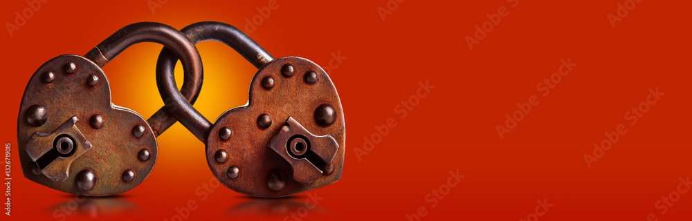 Poster extreme close-up of two rusty heart shaped padlocks linked together, with keyhole, isolated on red b