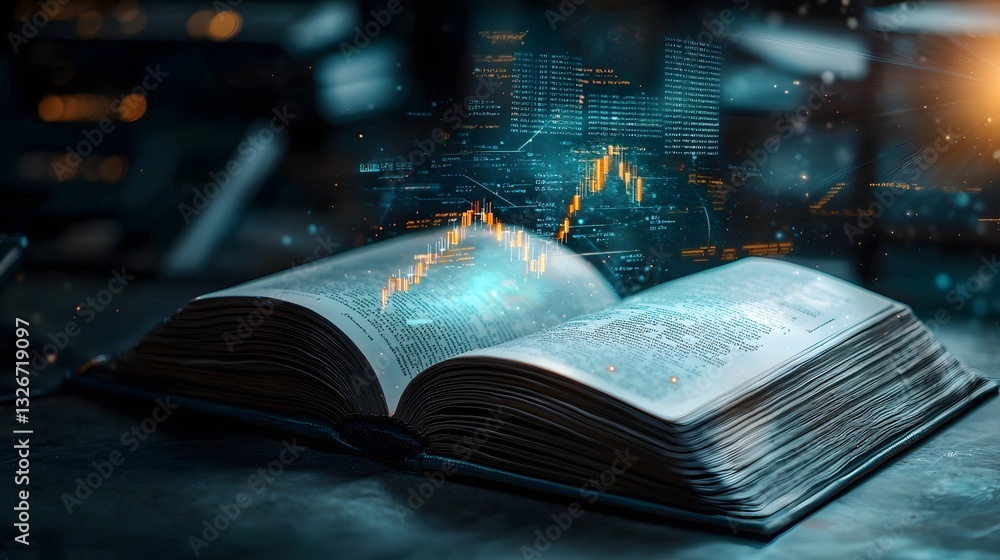 Poster holographic financial charts economic indicators and data visualizations floating above the pages of