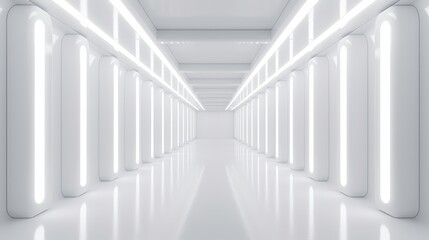Obraz premium Bright, futuristic hallway with glowing columns.