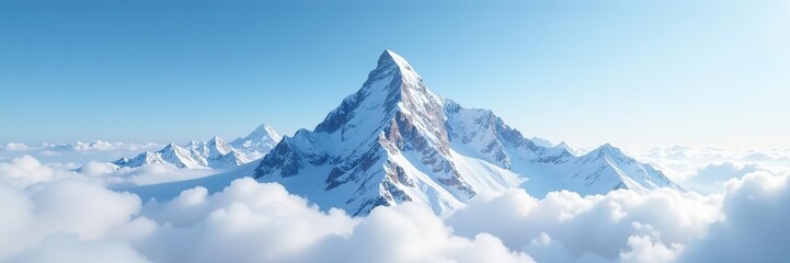 Obraz premium Snowy mountain peak rises high in the sky, soft white clouds surround, landscape, snow