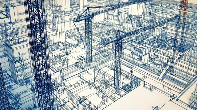 Detailed Architectural Blueprint of a Large-Scale Construction Site with Tower Cranes and Structural Framework in a Technical Drawing Style