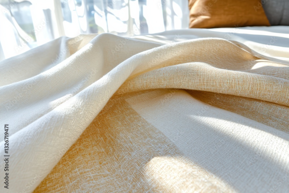 Poster elegant linen textile draped with graceful soft focus closeup view highlighting weave and craftsmans