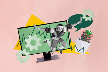 Trend artwork composite 3D photo collage design of computer monitor graphics young man jump office manager speech cloud cogwheel plant