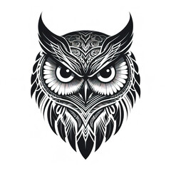 Obraz premium Intense Owl Head Tattoo with Sharp Gaze in Black and White Ink. Ai Generative