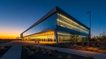 Fototapeta premium A Modern Glass Office Building Glowing At Sunset, A Beacon Of Innovation And Progress Bathed In Warm Evening Light