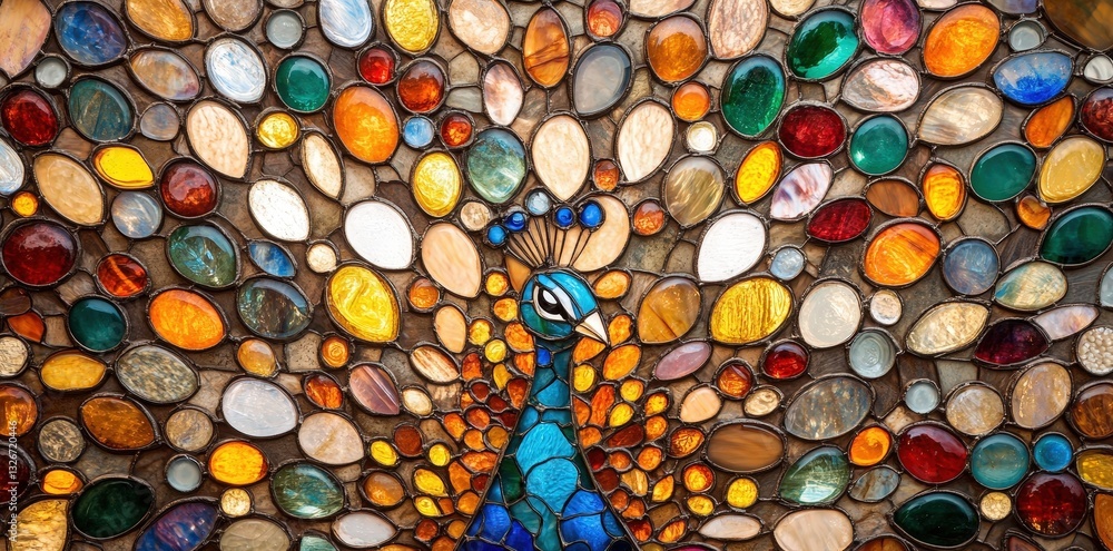 Poster a vibrant depiction of a peacock surrounded by an array of colorful stones, showcasing intricate pat