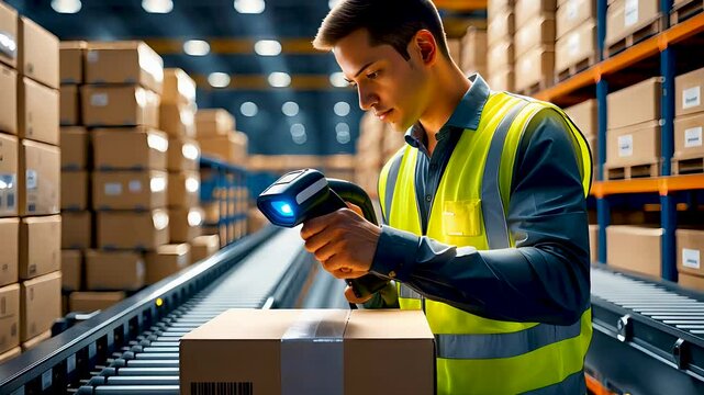 Warehouse worker scanning packages on a conveyor belt in a large industrial logistics facility
