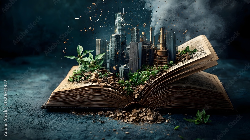 Poster photograph showing skyscrapers and factories emerging from the pages of an open book representing th