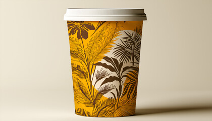A beautifully designed coffee cup featuring intricate floral patterns in warm colors, set against a neutral background.