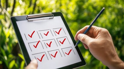 Person is holding a clipboard with a red check mark on it