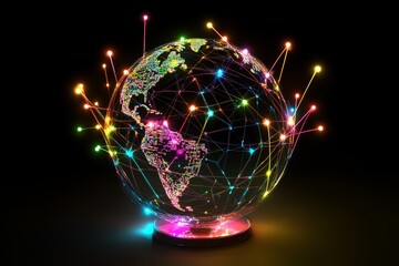 Dynamic holographic globe with data points and glowing lines

