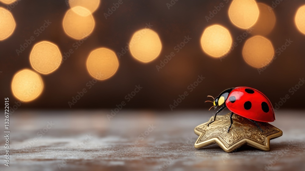 Poster ladybug sitting on sheriff's badge with glowing background and bokeh lights in soft focus